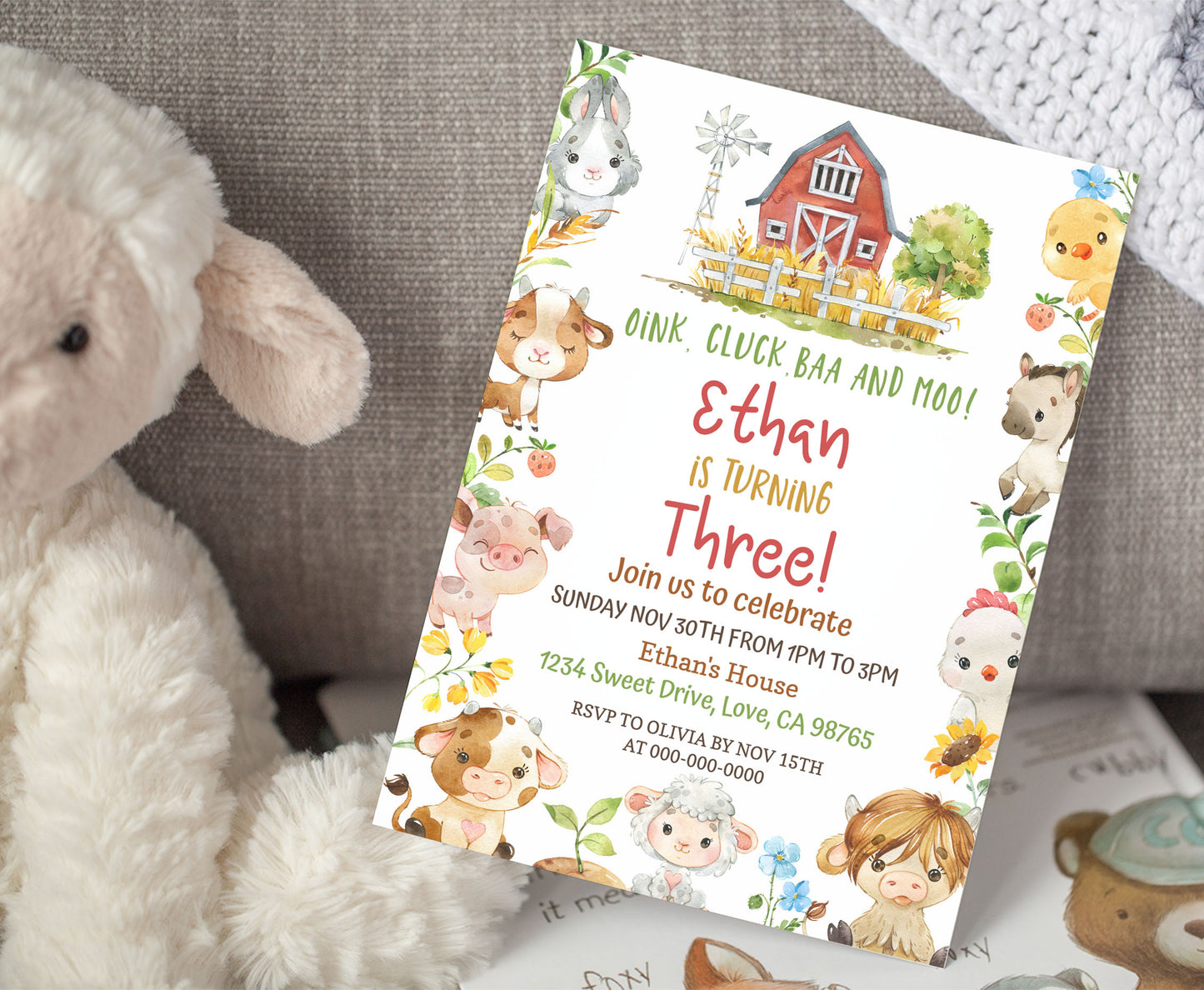 Farm Animals Birthday Invitation Boy | Barnyard Bash Party Invite - 11D