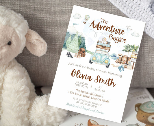 The Adventure begins Baby Shower Invitation | Editable travel Baby Shower Invite - 43A