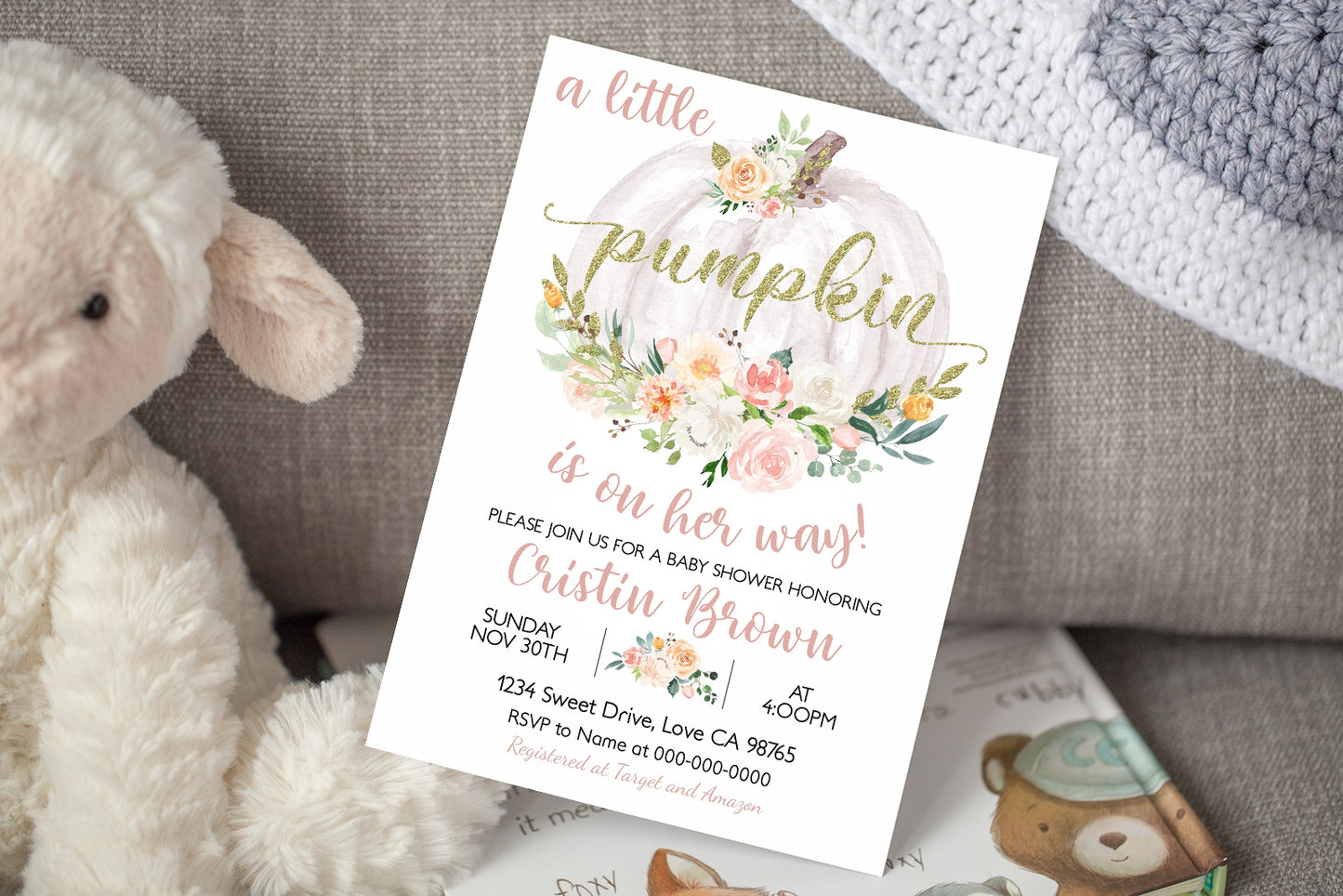 A Little Pumpkin is on the Way Invitation | Editable Pumpkin Baby Shower Girl Invite - 30H