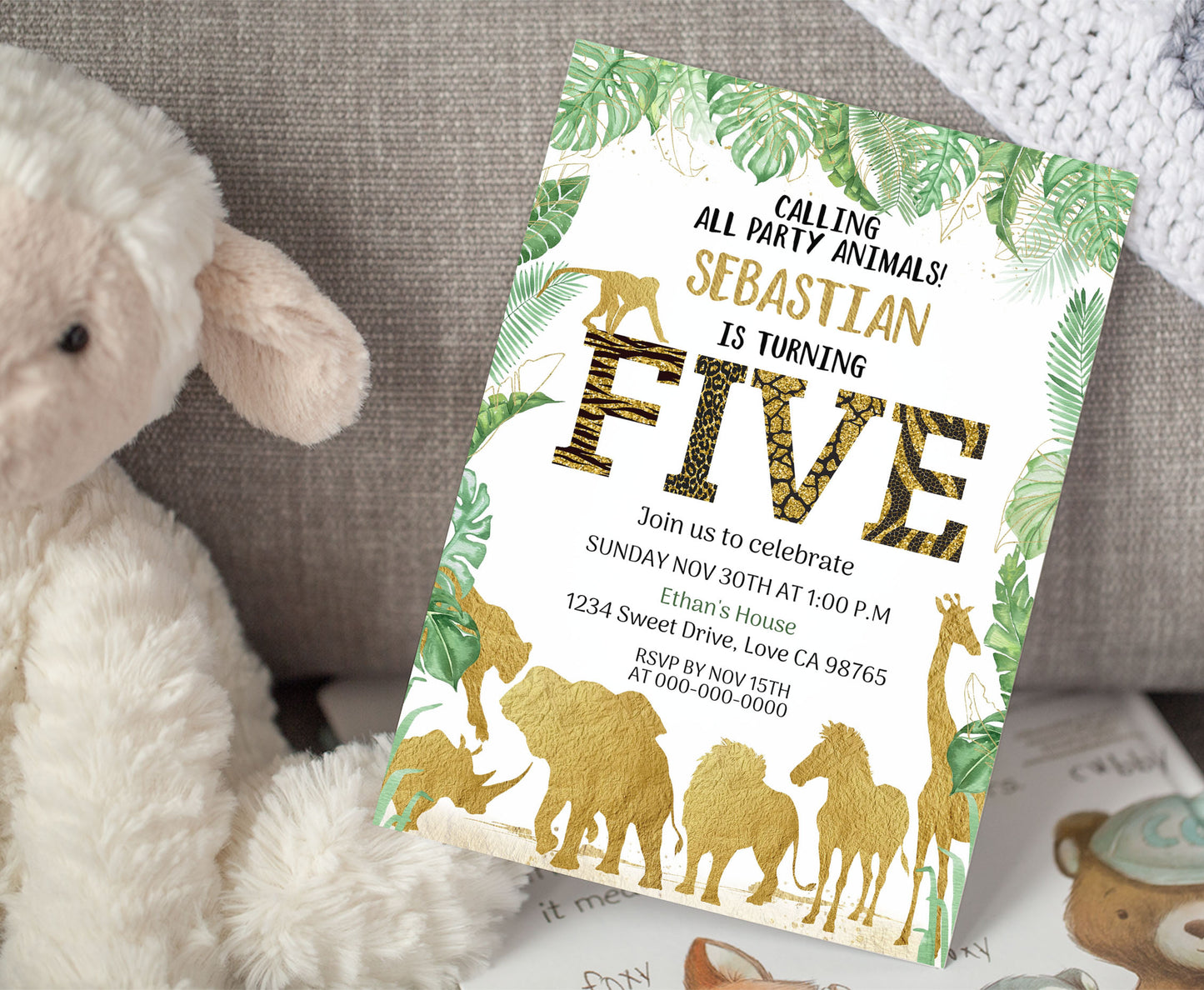 Gold Safari Animals 5th Birthday Invitation | Editable Five Birthday Invite - 35K