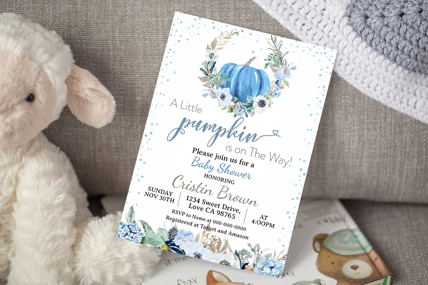 A Little Pumpkin is on the Way Editable Invitation | Pumpkin Boy Baby Shover - 30B