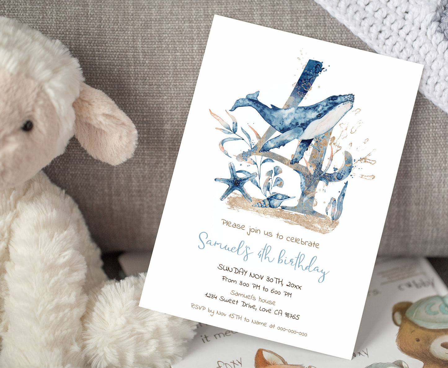 Whale fourth Birthday Invitation | Editable Under the sea Invite - 44C