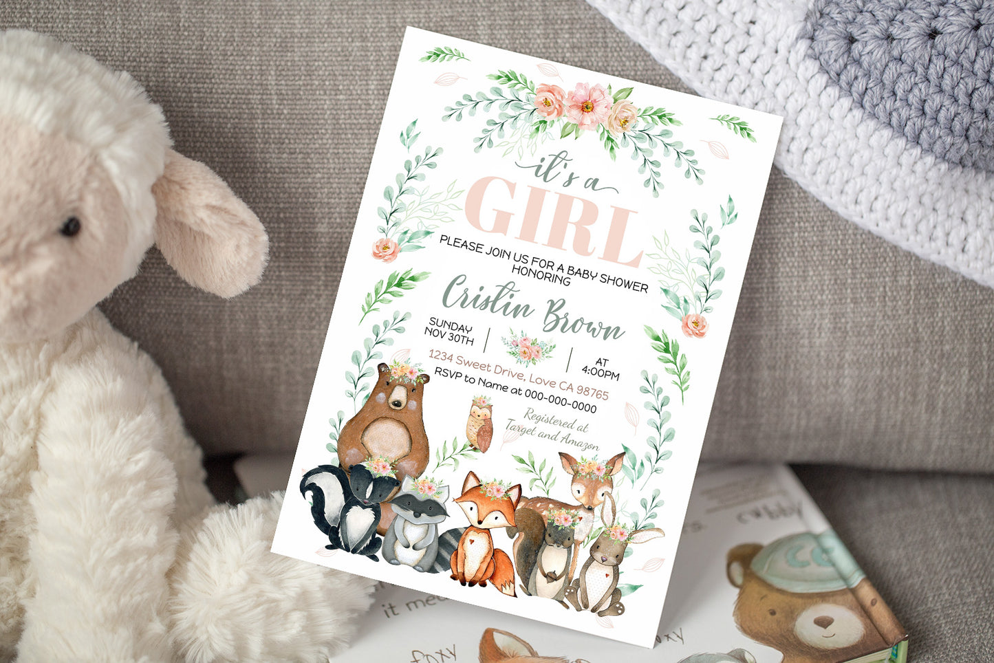 It's a girl Baby Shower Invitation| Woodland Animals Baby Shower Invite - 47J3