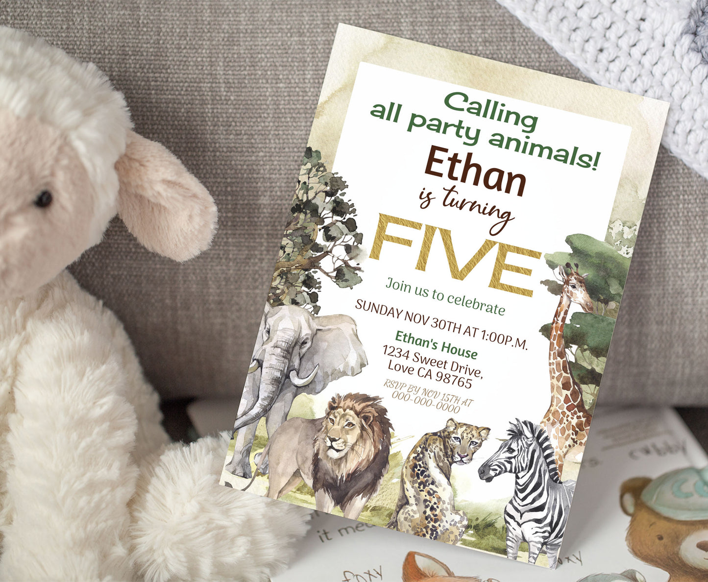 Calling all party invite | Safari Five Birthday invite - 35I