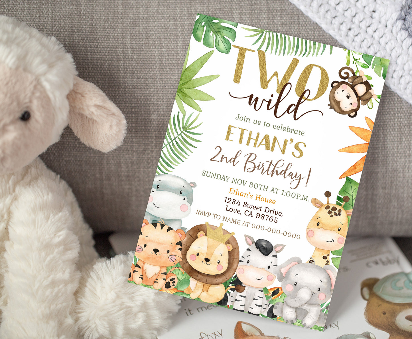 TWO Wild Birthday Invitation | Safari Animals Party Invite - 35E