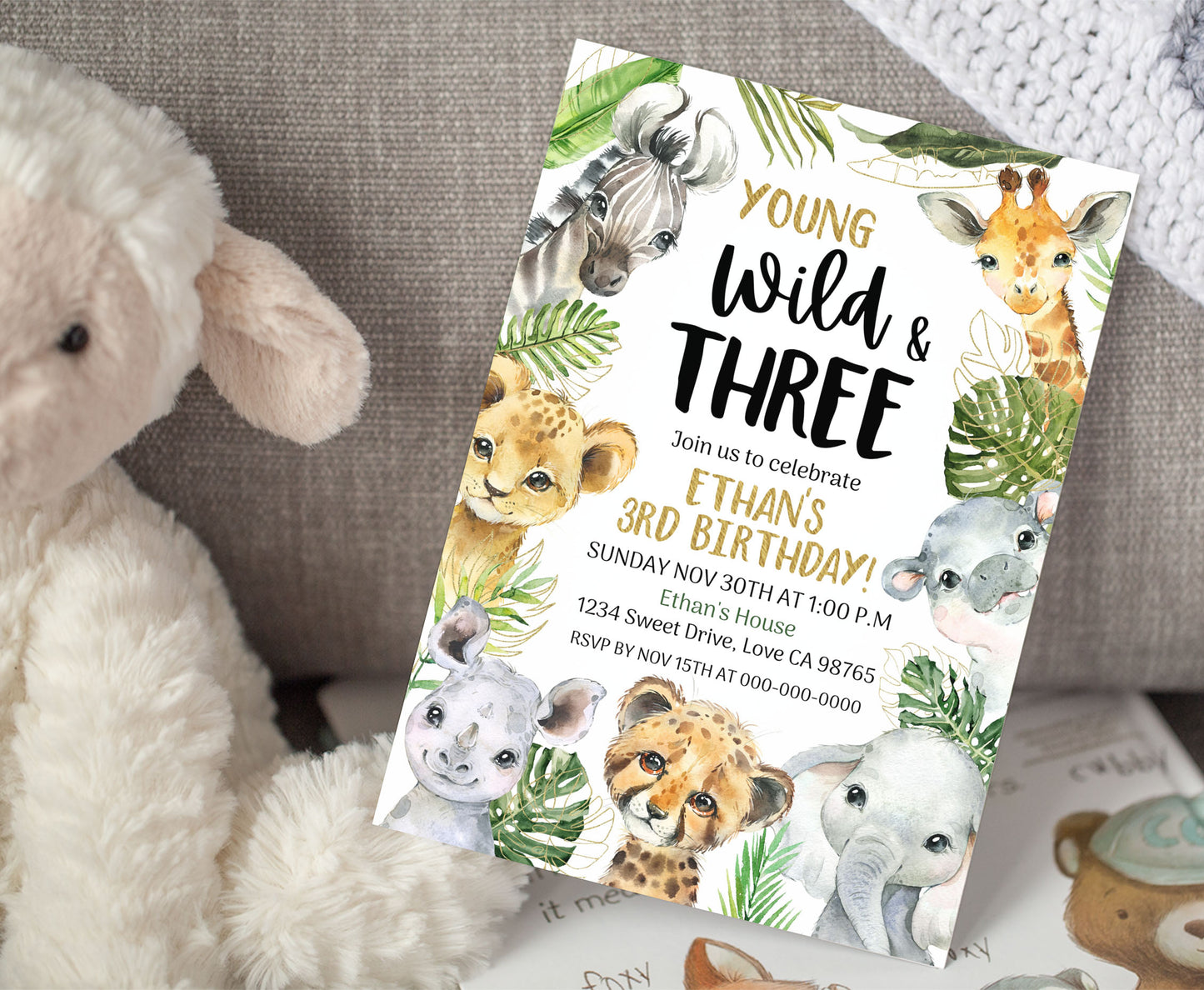 Wild and Three Safari Invitation | Editable Jungle 3rd Birthday Invite - 35A