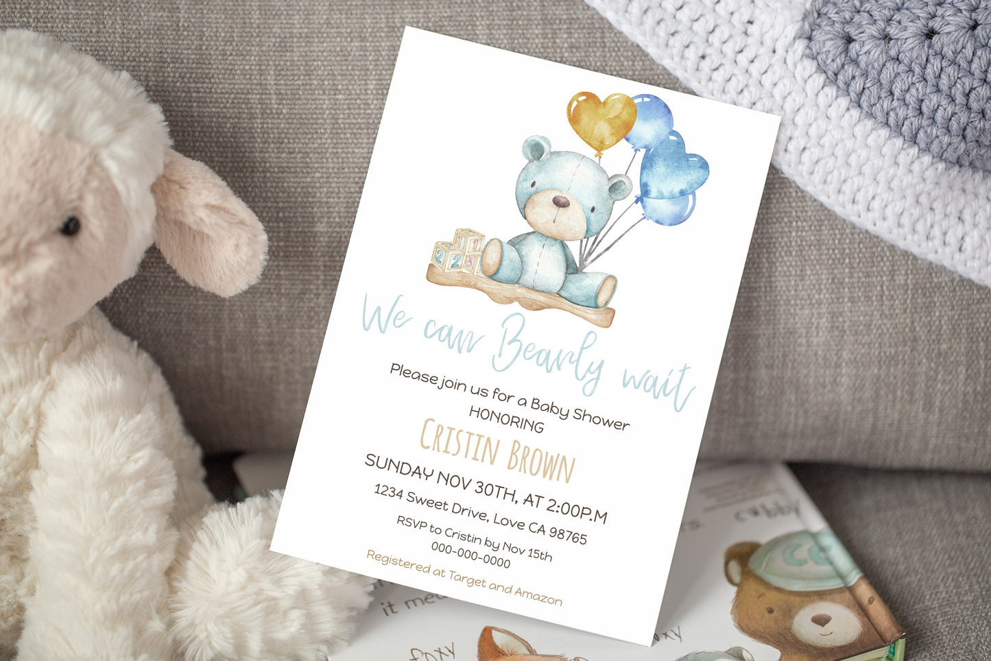 Teddy bear baby shower invitation blue | Editable boy baby shower invite - 76A