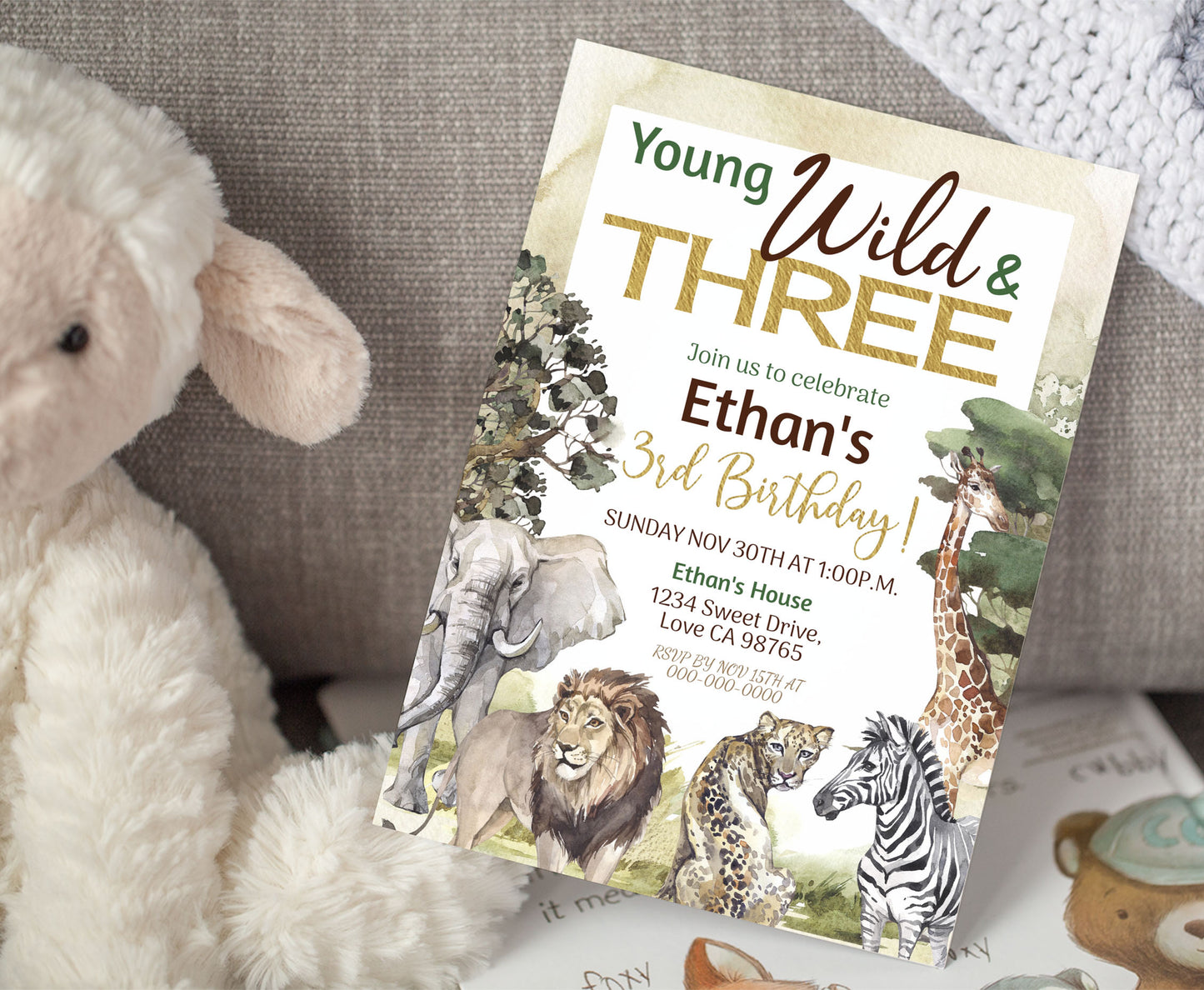 Young wild and three Birthday Invitation | Safari 3rd birthday Party Invite - 35I