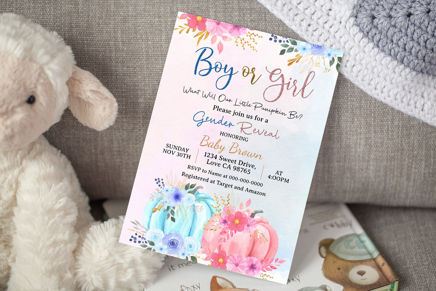 Boy or Girl Pumpkin Gender Reveal Invitation | Fall Gender Reveal -30D