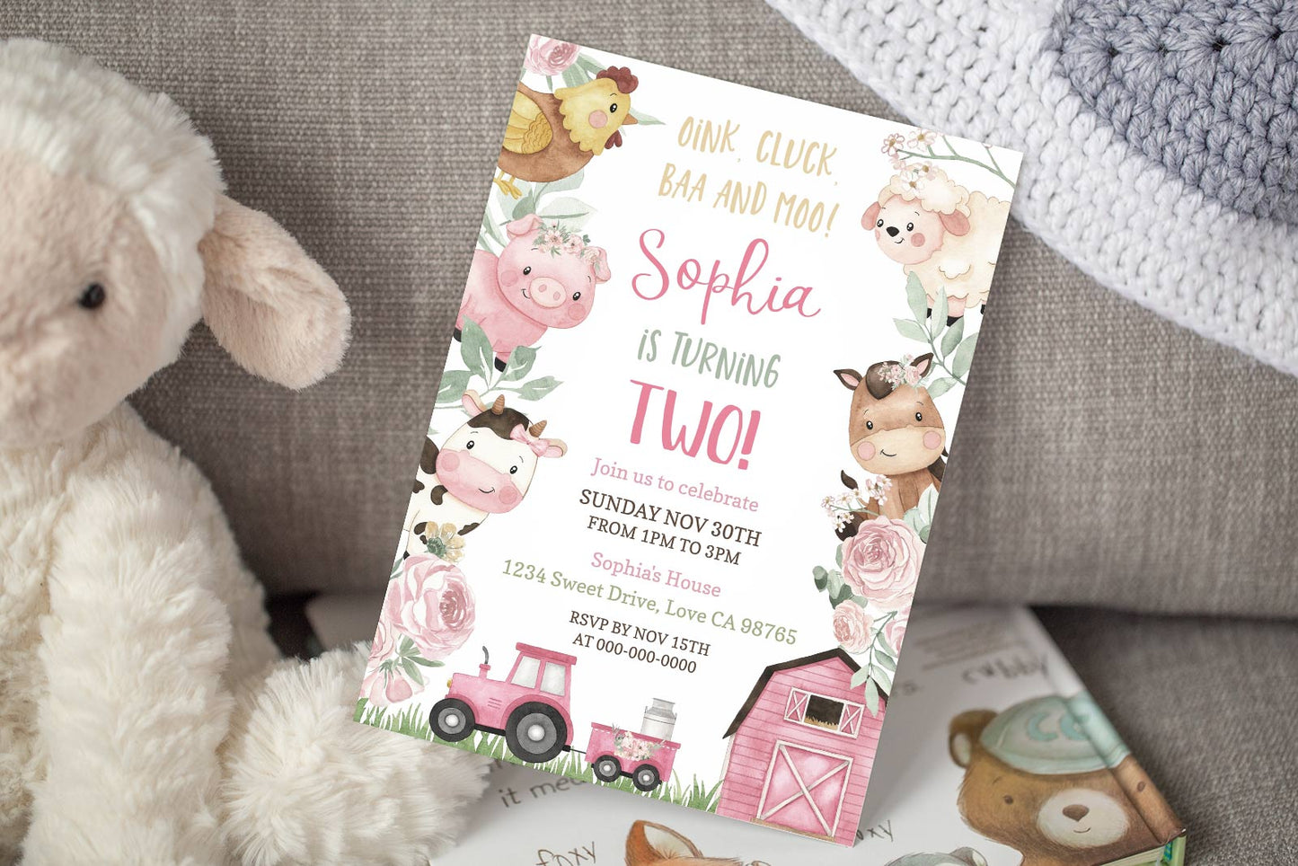 Floral Farm Animals Party Invitation | Girl Barnyard Birthday Invite - 11A