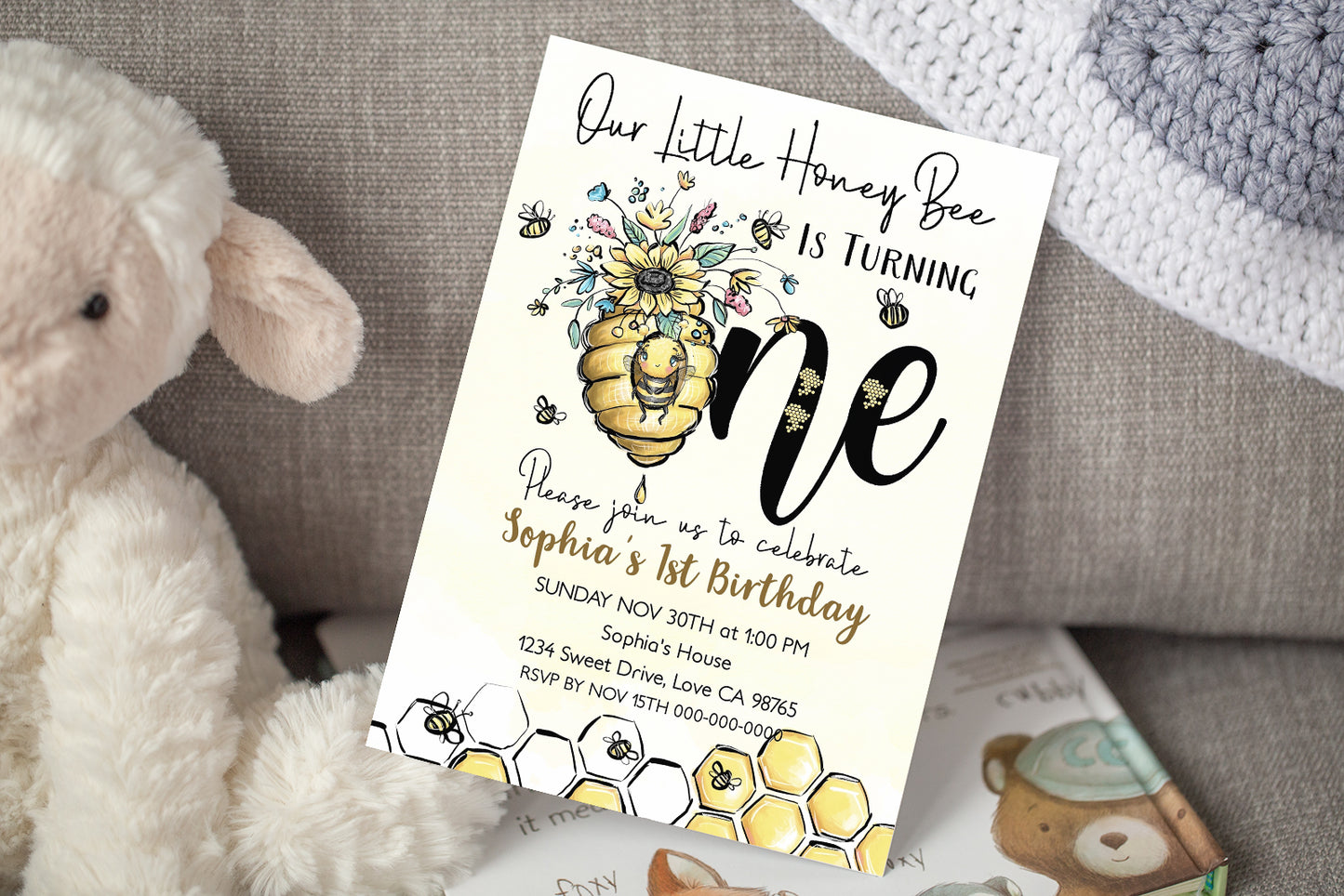 Our Little Honey Bee is Turning One | Bumble Bee 1st Birthday Party Invite - 61A