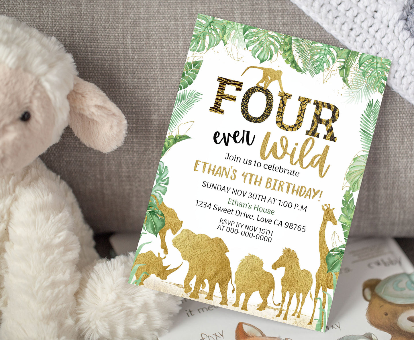 Four Ever Wild Birthday Invitation | Editable safari 4th Birthday Invite - 35K