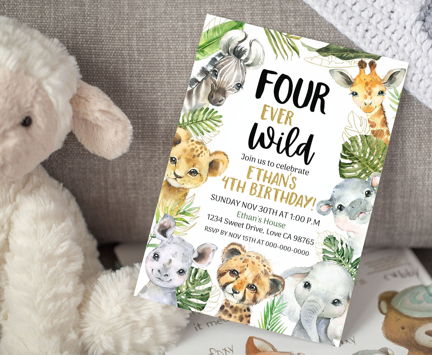 Four Ever Wild Safari Invitation | Editable Jungle 4th Birthday Invite - 35A