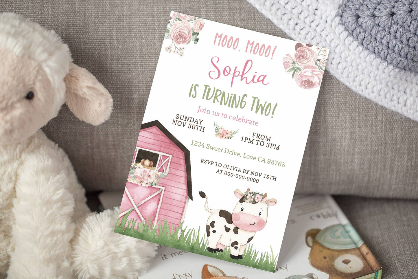 Cow Girl Birthday Invitation | Editable Floral Farm Party Invite - 11A