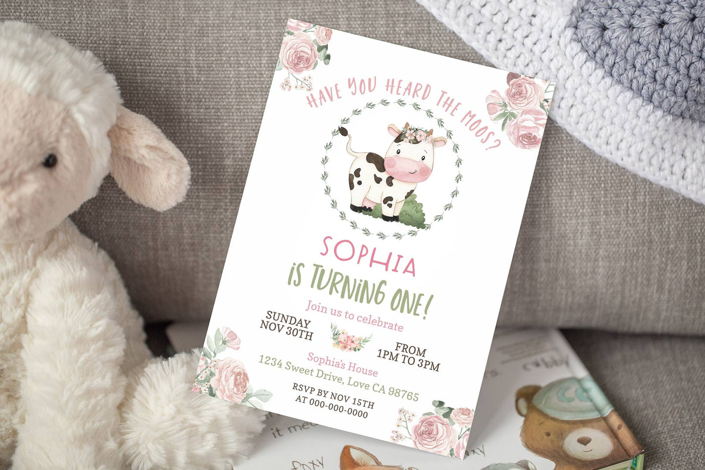 Girl Cow First Birthday Invitation | Editable Floral Farm Party Invite - 11A