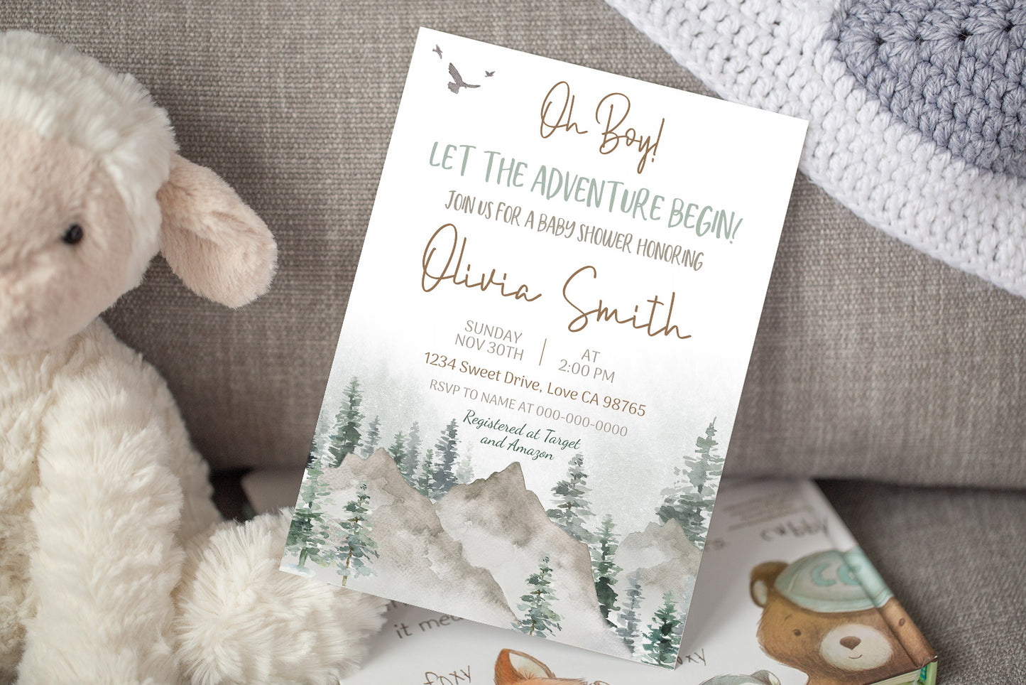 Let The Adventure Begin Invitation | Editable Mountains Baby Shower Invite - 47H