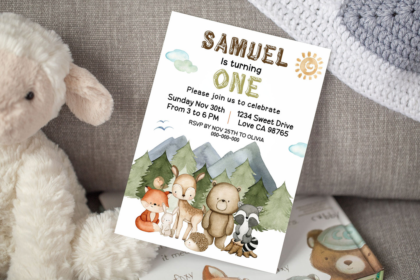 EDITABLE Woodland 1st Birthday Invitation | Forest Animals Birthday Party Invite - 47I