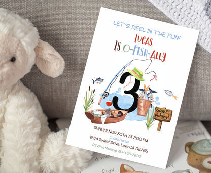 O-Fish-Ally three Birthday Invitation | Editable Fishing Theme Party Invite - 97A