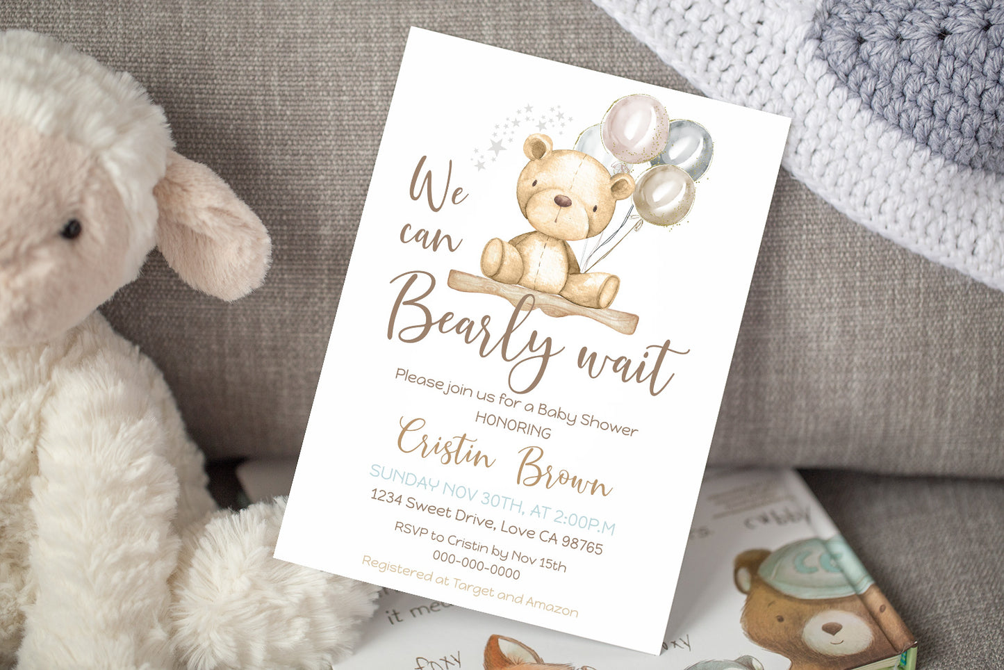 Teddy bear baby shower invitation | Editable boy baby shower invite - 76A