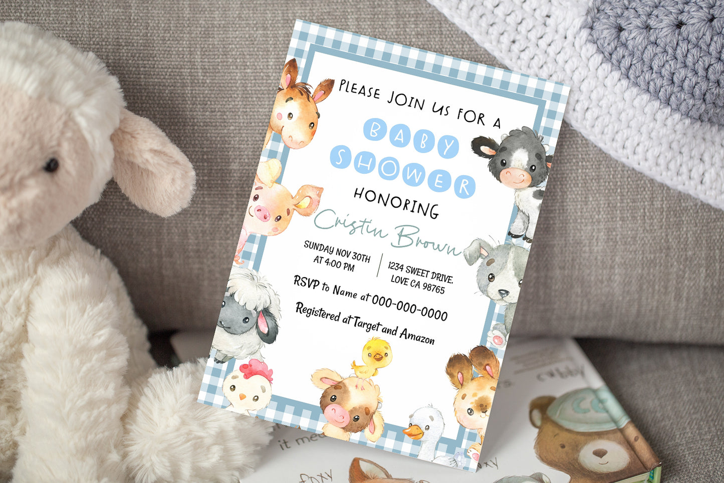 Blue Gingham Farm Editable Baby Shower Invitation | Farm Theme - 11C2