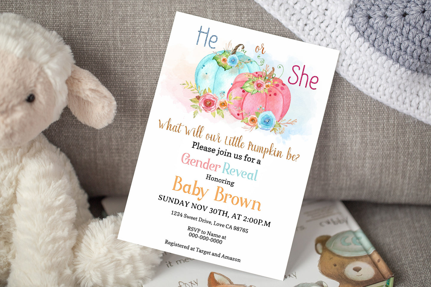 Little Pumpkin Editable He or She? Invitation | Pumpkin Gender Reveal 30A