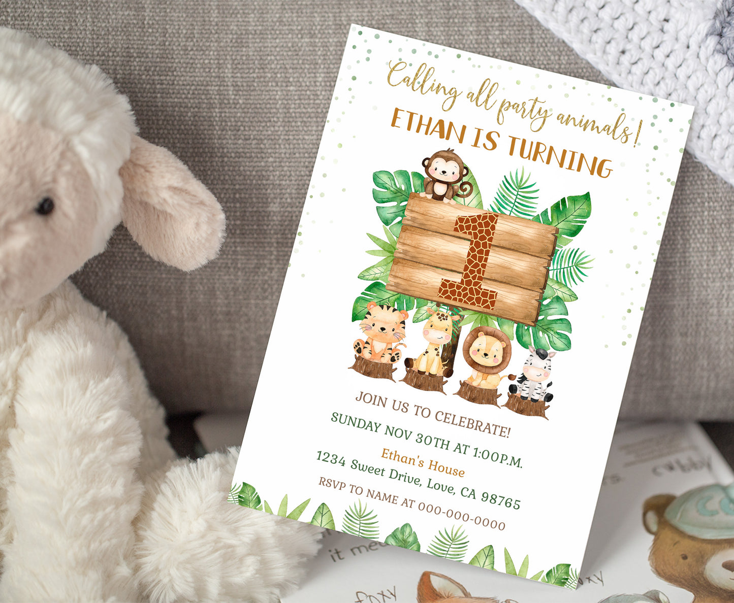 Safari 1st Birthday Invitation | Editable Jungle Theme Party Invited - 35E