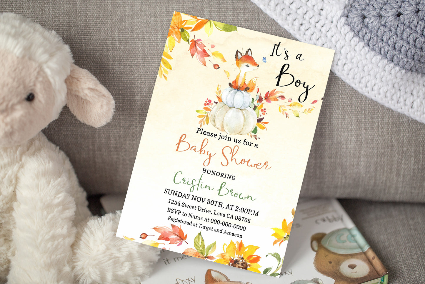 Editable It's a Boy Pumpkin Invitation | Fall Fox Baby Shower - 30F2