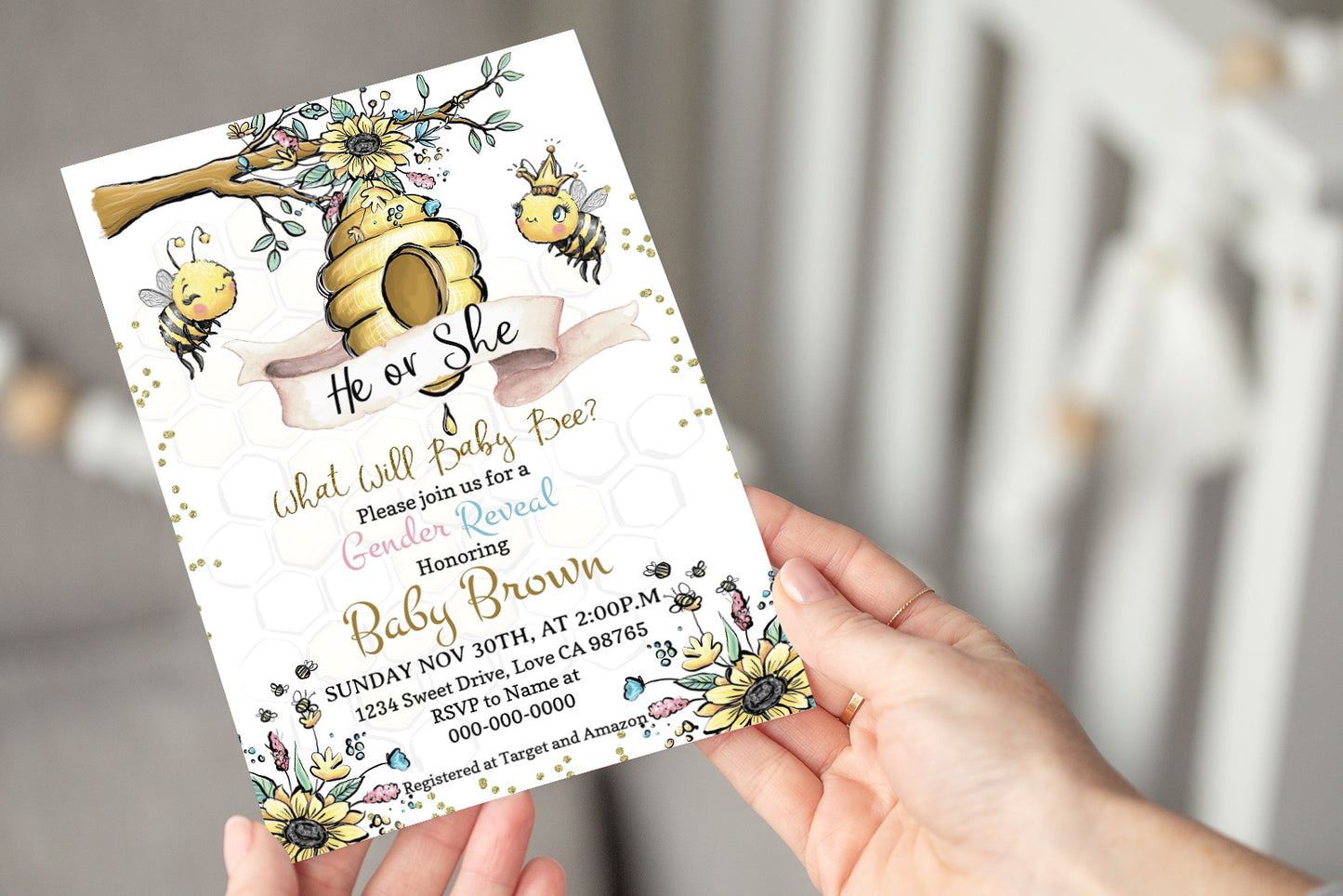 Bee He or She Editable Invitation | Honeycomb Gender Reveal 61A