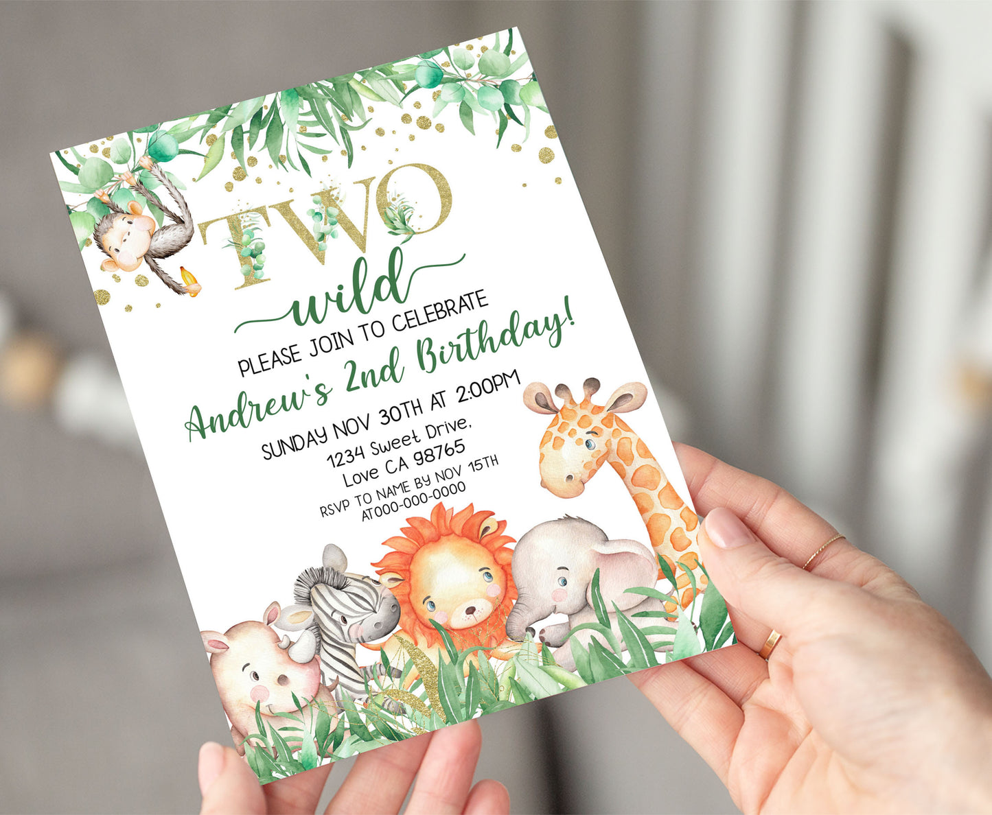 Two Wild safari Birthday Invitation | Editable Jungle Animals Party Invite - 35J