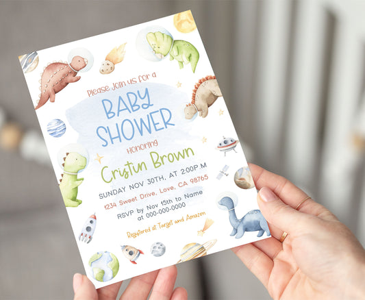 Space Dinosaurs Baby Shower Invitation | Editable Astronaut Dino Baby Shower Invite - 39D