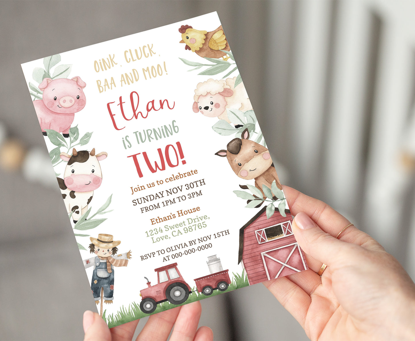 Farm Animals Birthday Invitation Boy | Barnyard Bash Party Invite - 11A