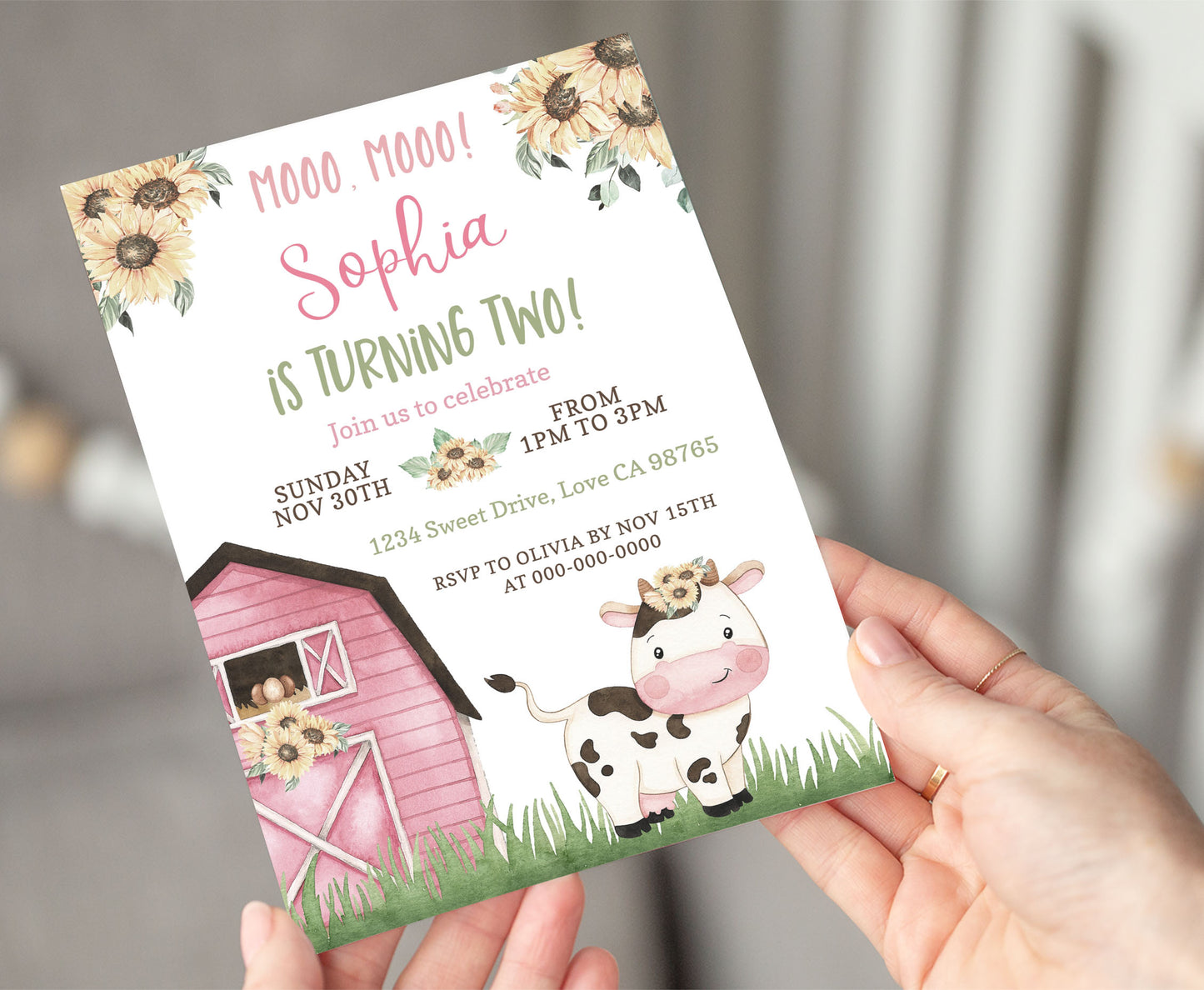 Sunflower Cow Girl Birthday Invitation | Editable Floral Farm Party Invite - 11G