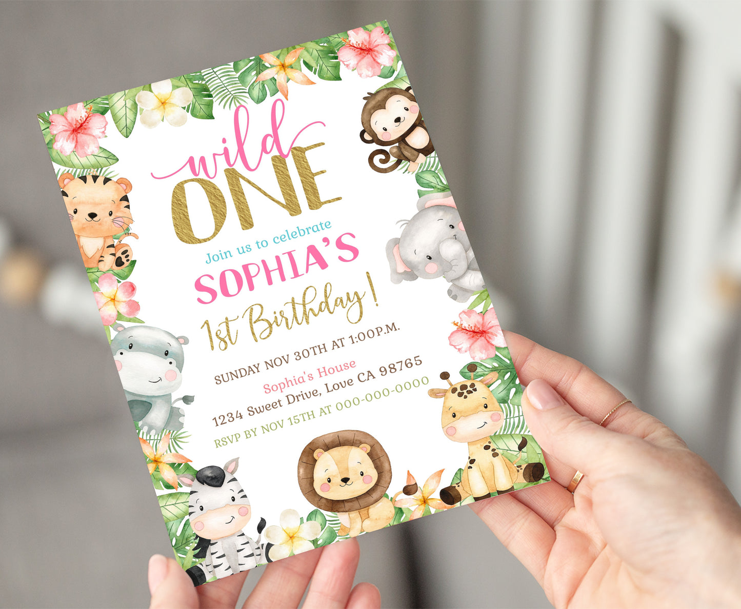 Girl Safari Birthday Invitation | Editable Floral Jungle Animals Party Invite - 35E