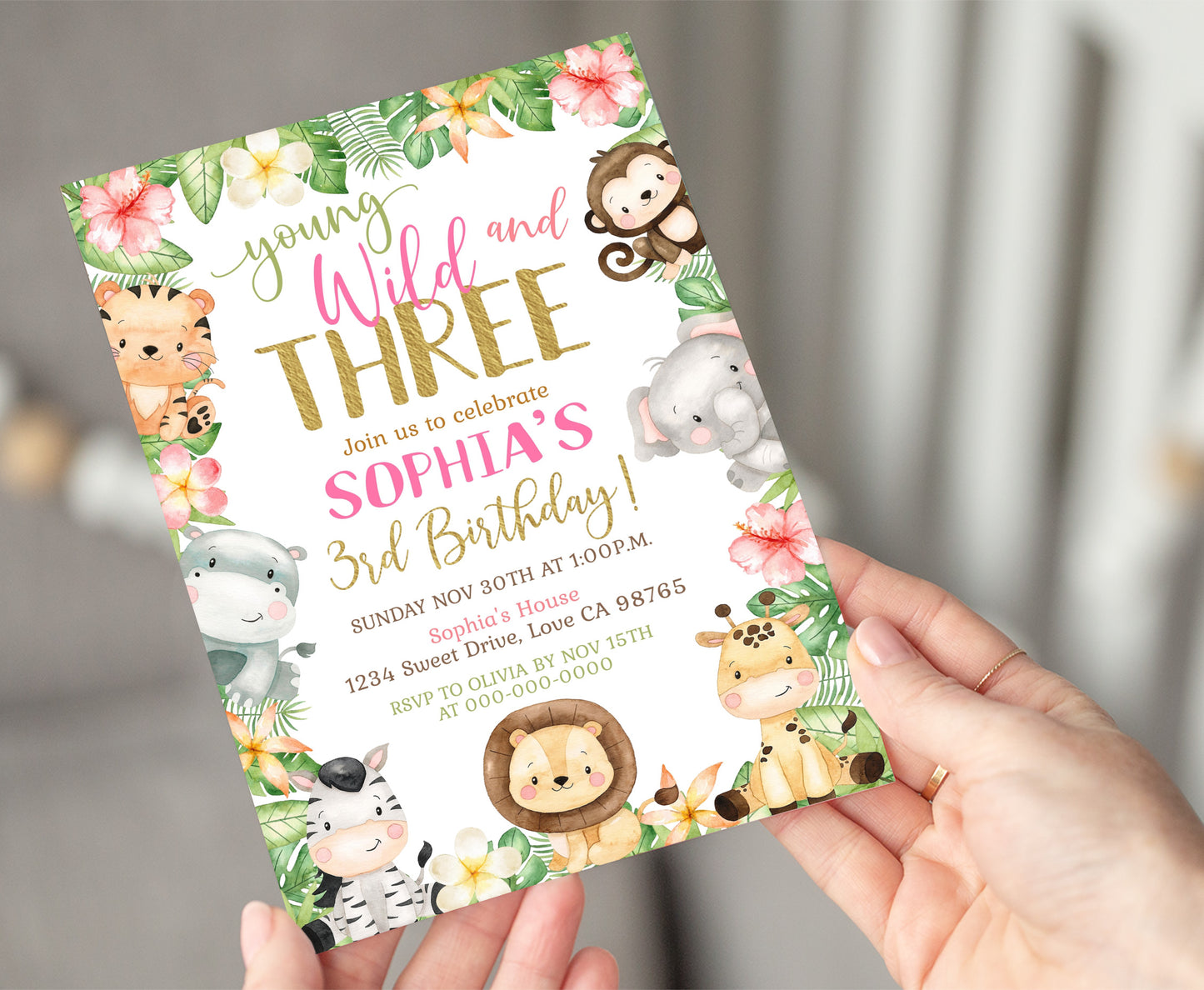 Young Wild and Three Invitation | Editable Girl Safari Birthday Party Invite - 35E