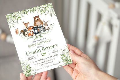 Woodland Baby Shower Invitation | Editable Forest Animals Baby Shower Invite - 47J0