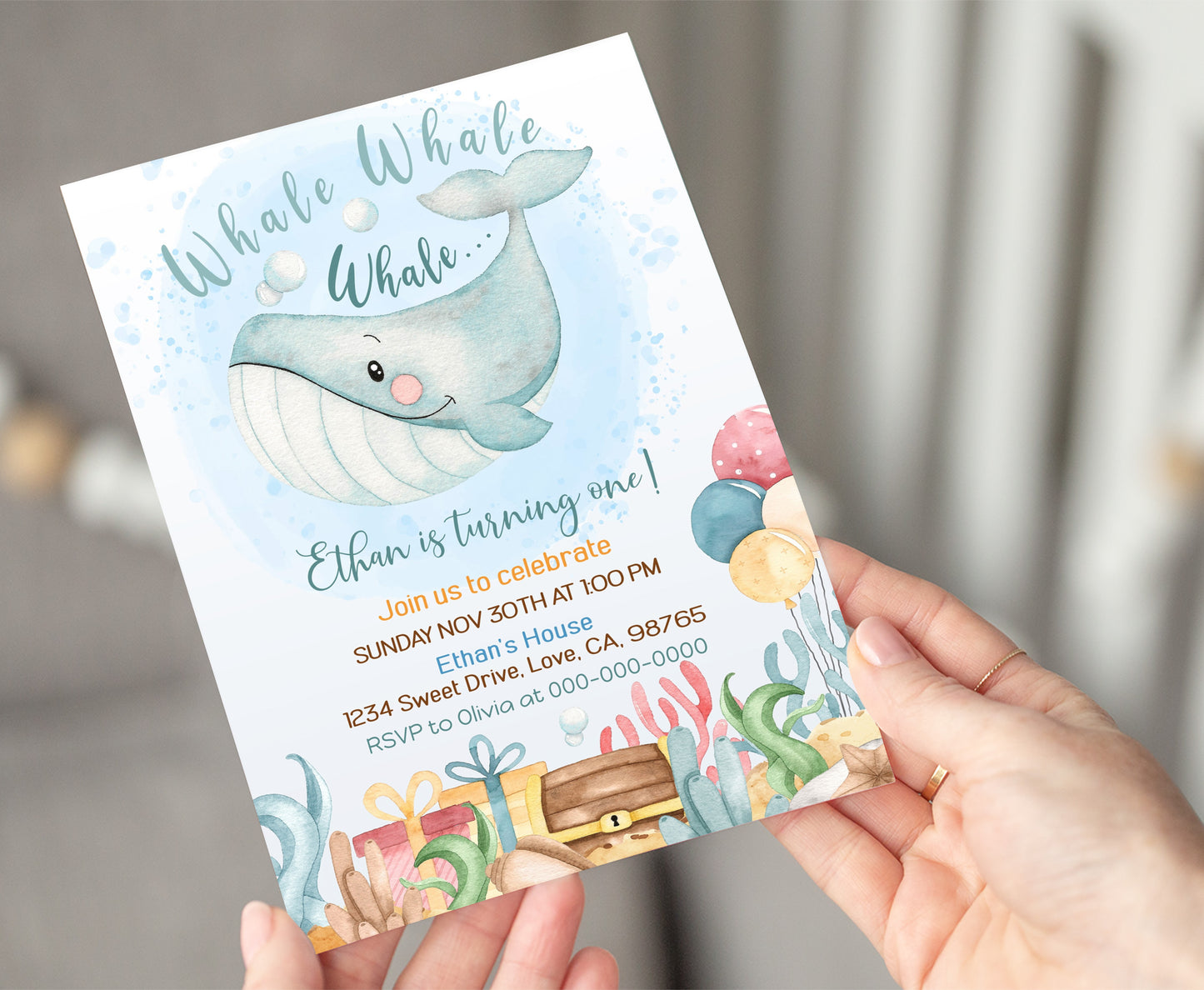 Editable Under The Sea Birthday Invitation Boy | Whale Party Invite - 44A