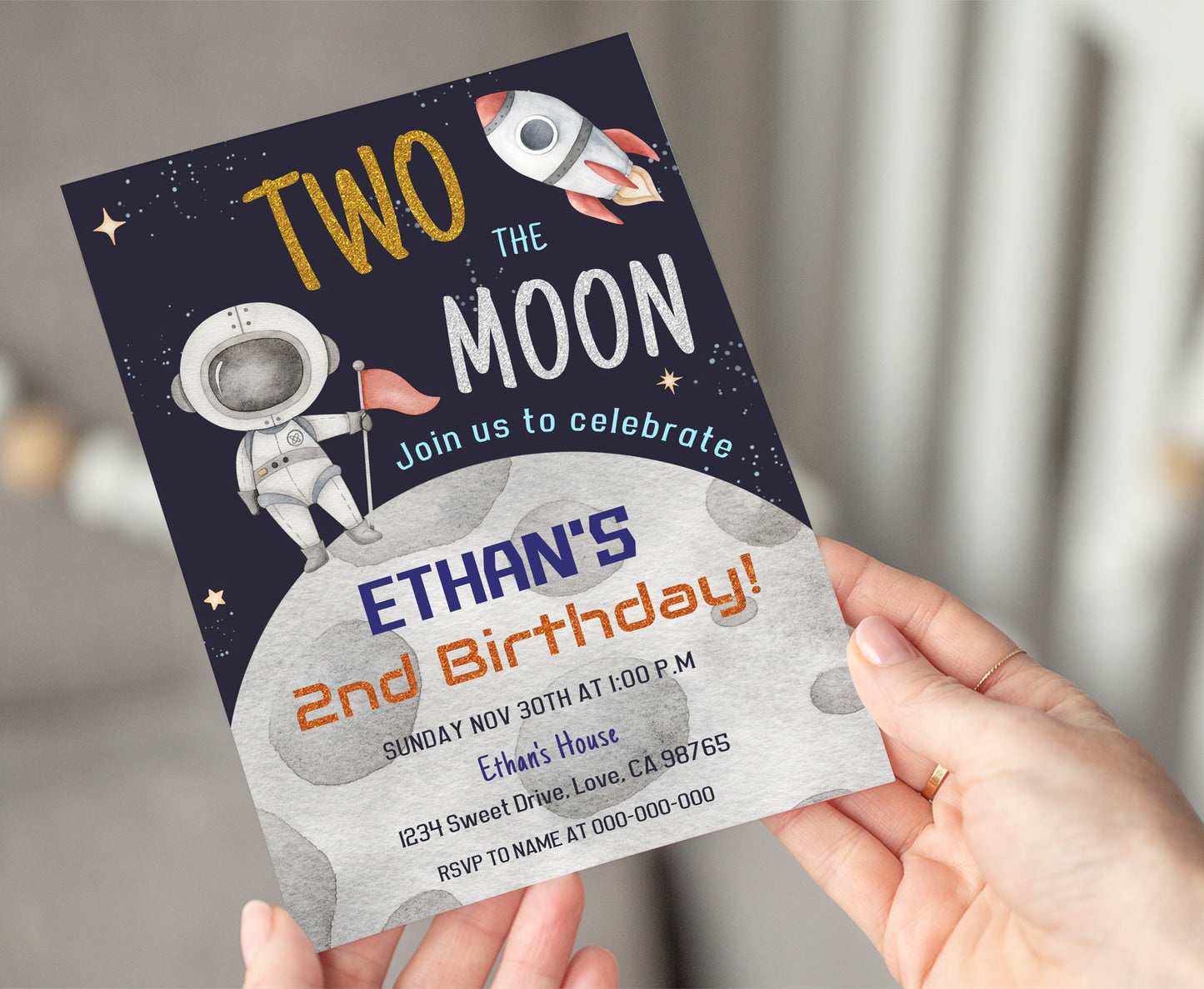 Two The Moon Party Invitation | Editable Space 2nd Birthday Invite - 39C