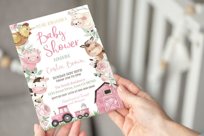 Floral Farm Animals Baby Shower Invitation | Barnyard Girl Baby Shower Invite - 11A