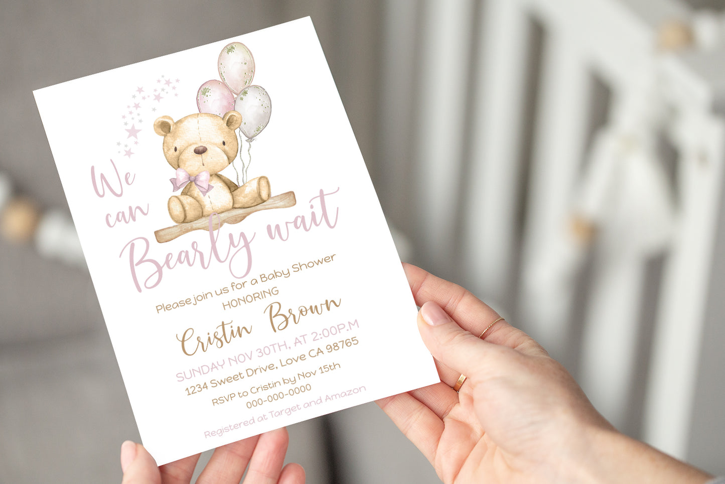 Pink Teddy Bear baby shower invitation | Editable Girl Baby Shower Invite - 76A