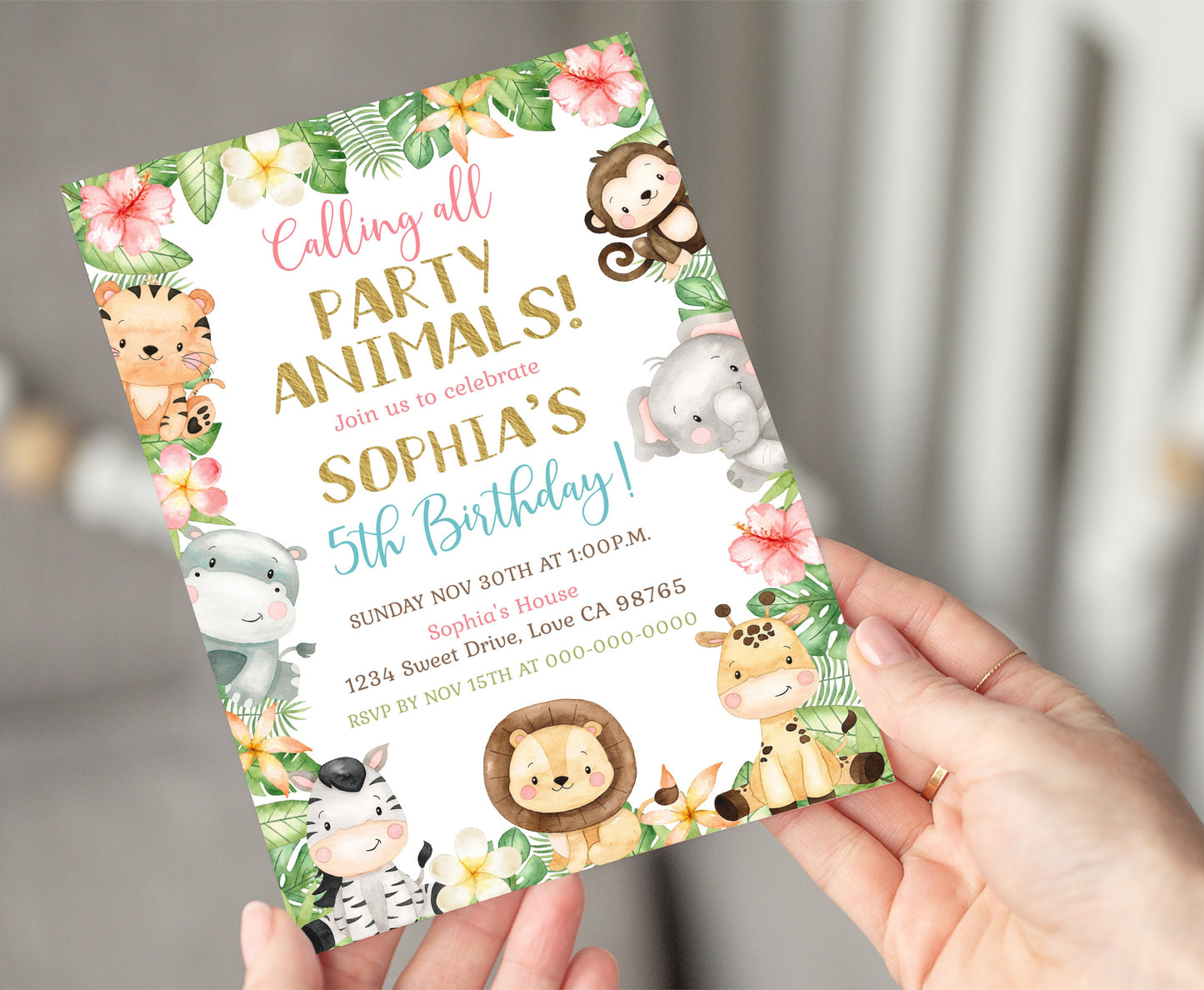 Calling all Party Animals, Girl Safari Party Animals Invitation | Editable Floral Jungle Birthday Invite - 35E