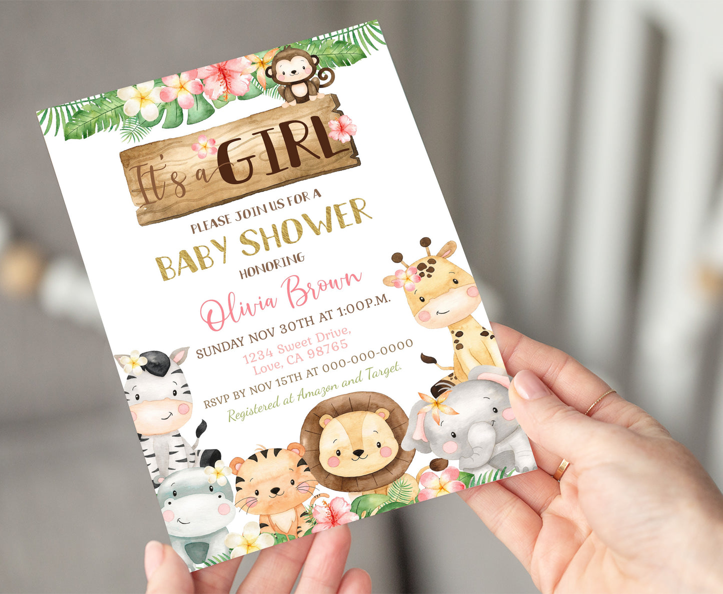 Floral Safari Baby Shower Invitation | Editable Jungle It's a Girl Baby Shower Invite - 35E