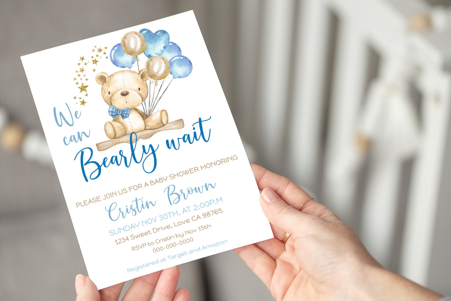 Gold and Blue Teddy Bear Baby Shower Invitation - 76A