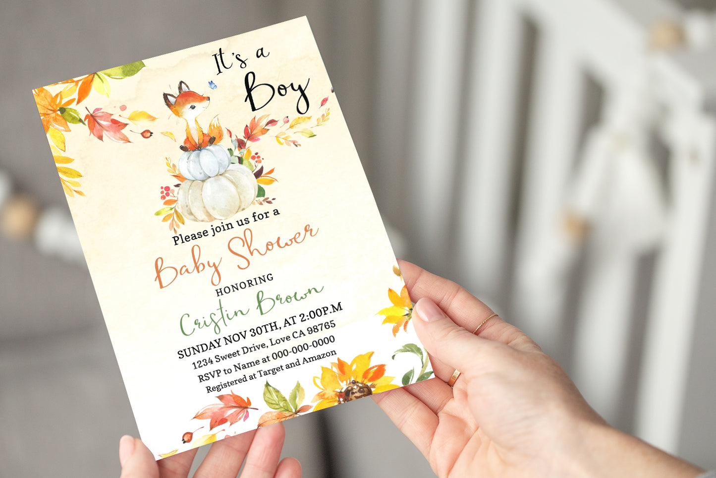 Editable It's a Boy Pumpkin Invitation | Fall Fox Baby Shower - 30F2