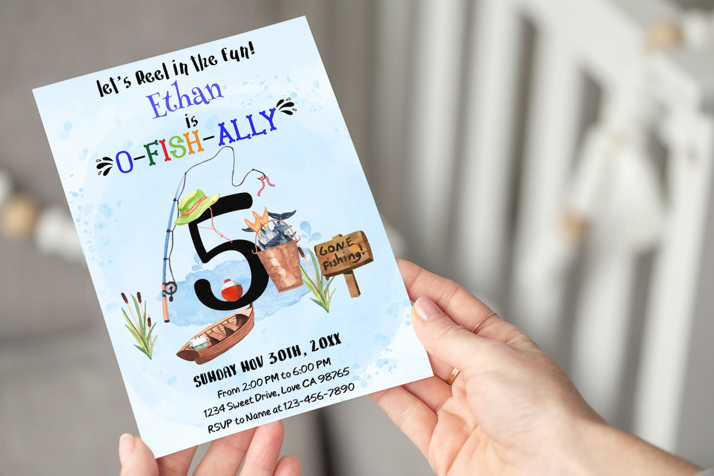 O-Fish-Ally Five Birthday Invitation | Editable Fishing Theme Party invite - 97A