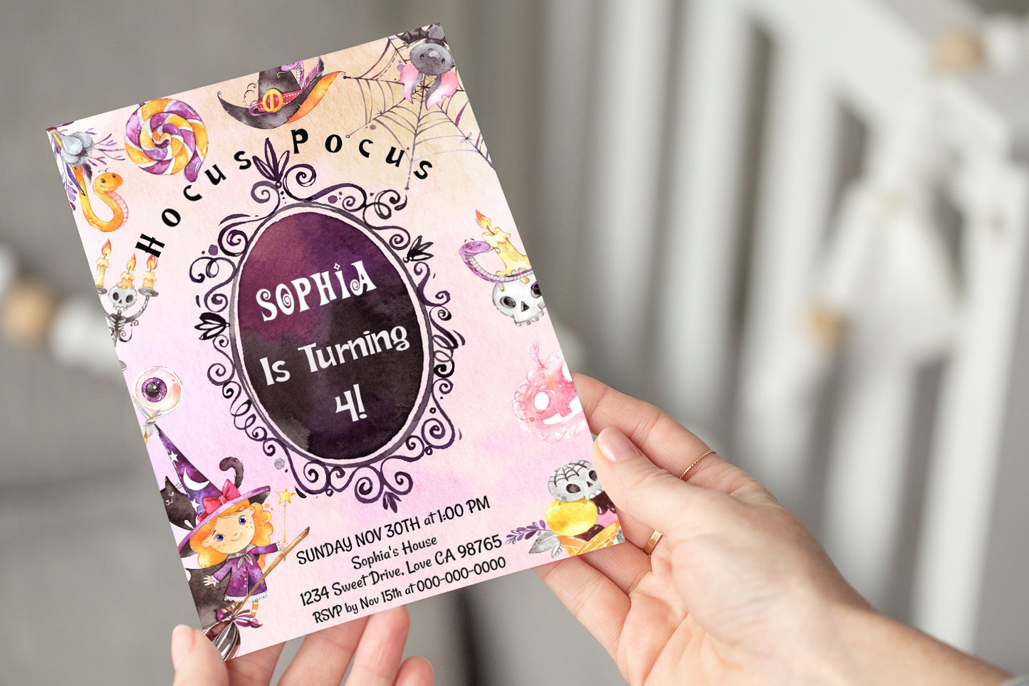 Witch Halloween Birthday Invitation | Girl Halloween Party Invite - 115C