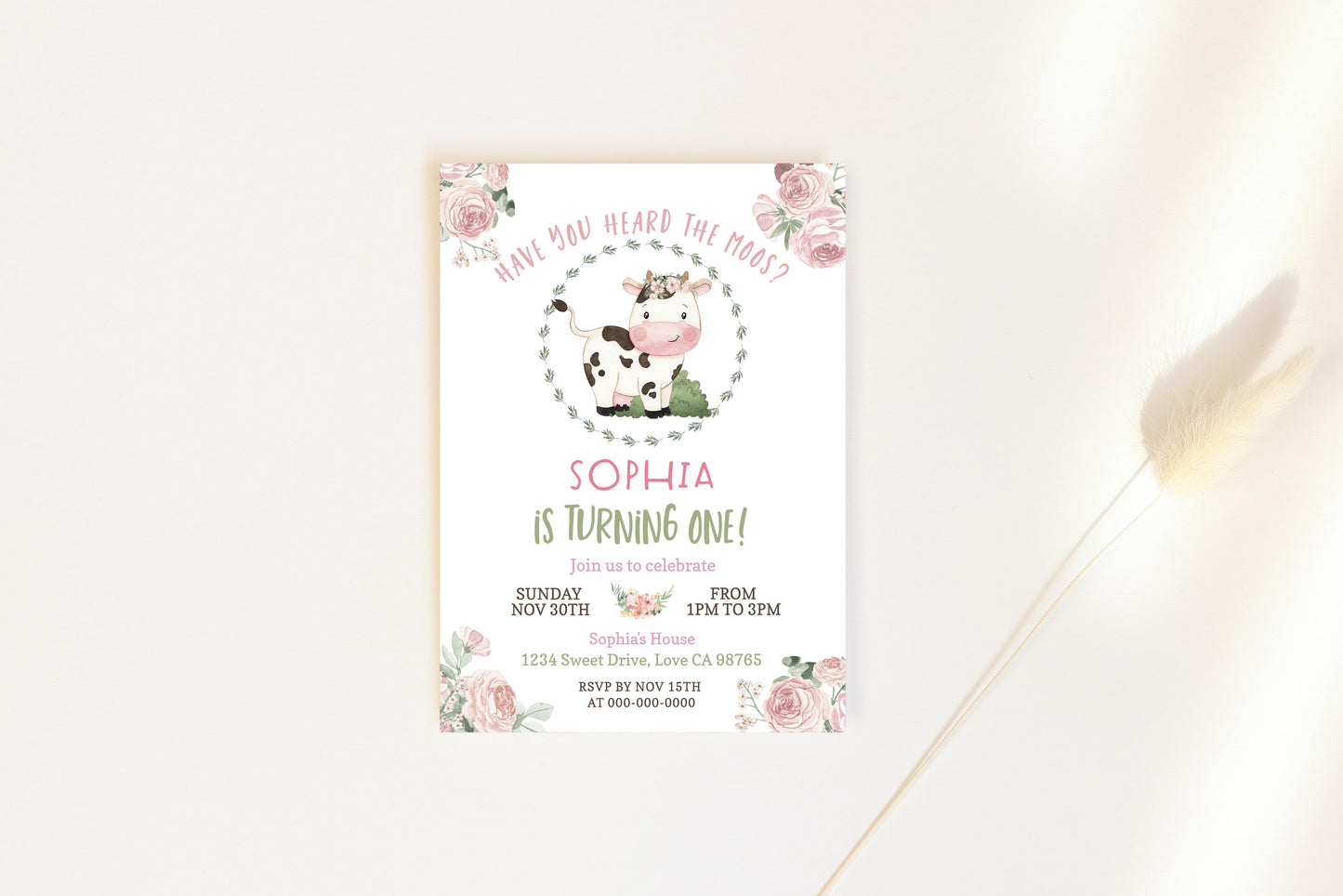 Girl Cow First Birthday Invitation | Editable Floral Farm Party Invite - 11A