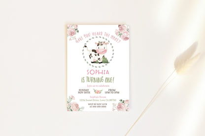 Girl Cow First Birthday Invitation | Editable Floral Farm Party Invite - 11A