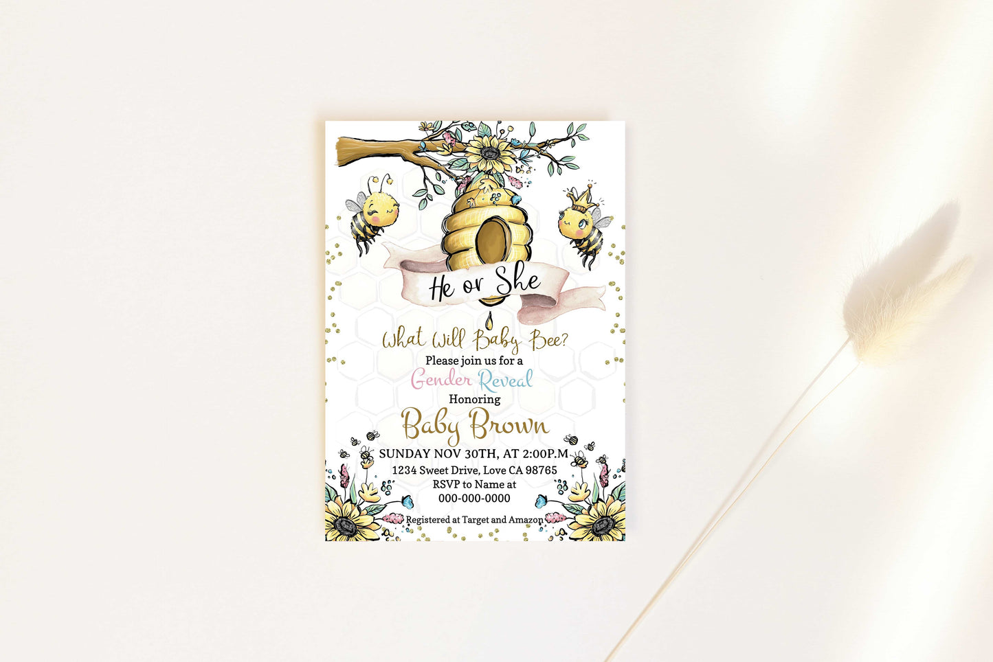 Bee He or She Editable Invitation | Honeycomb Gender Reveal 61A