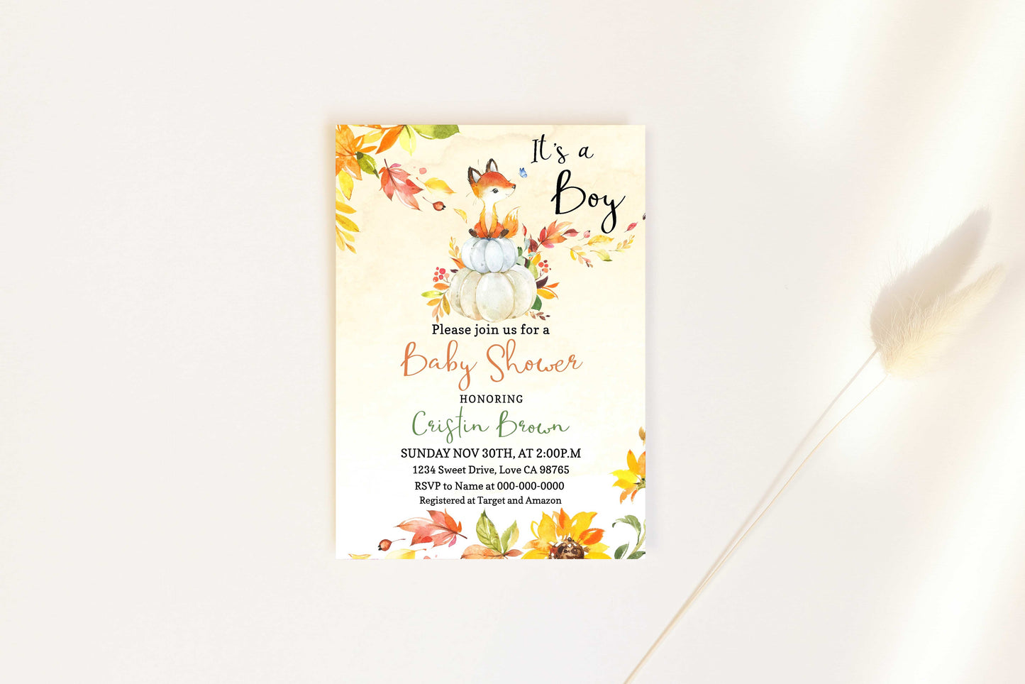 Editable It's a Boy Pumpkin Invitation | Fall Fox Baby Shower - 30F2