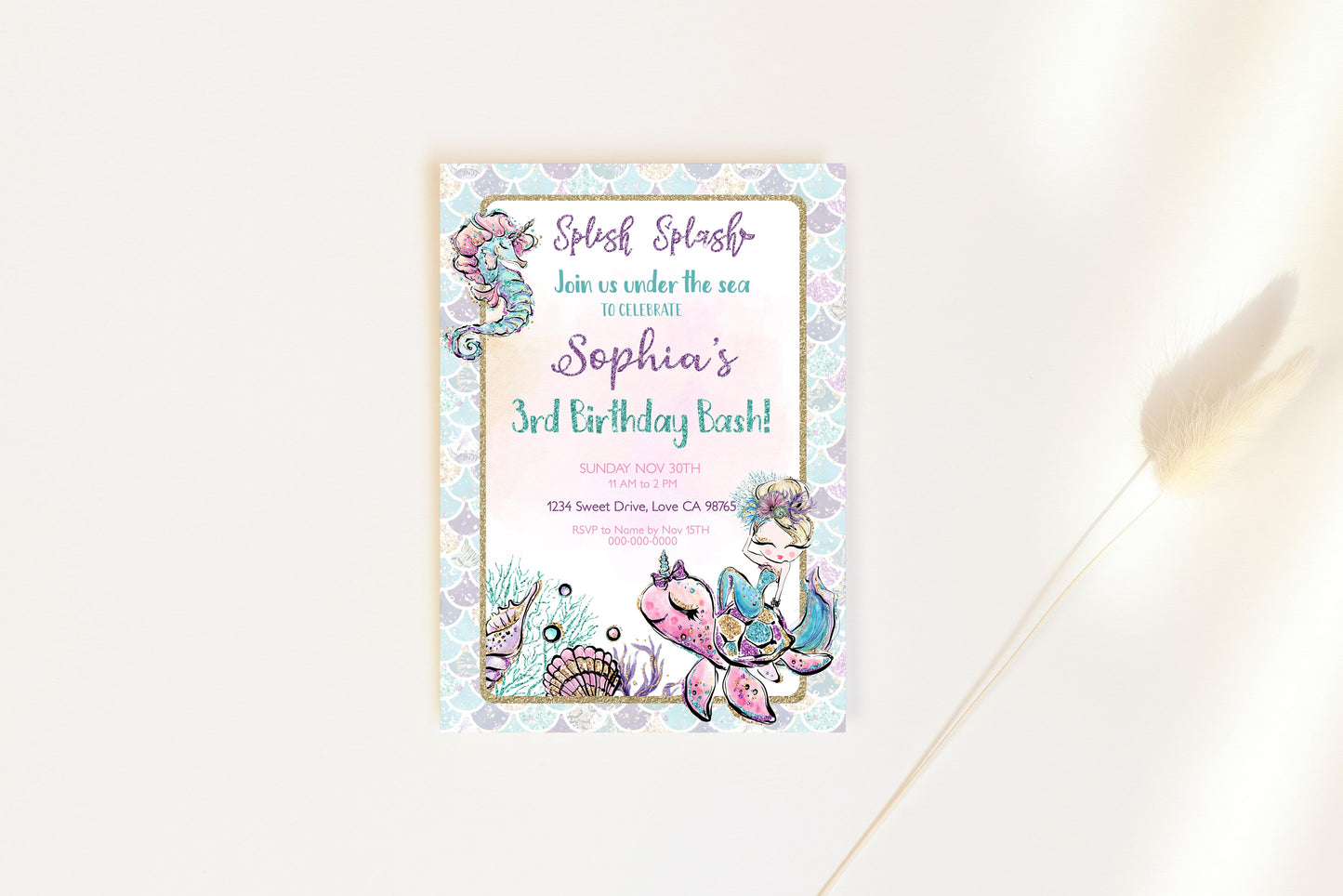 Mermaid Birthday Invitation | EDITABLE Under The Sea Girl Party Invite - 20B1